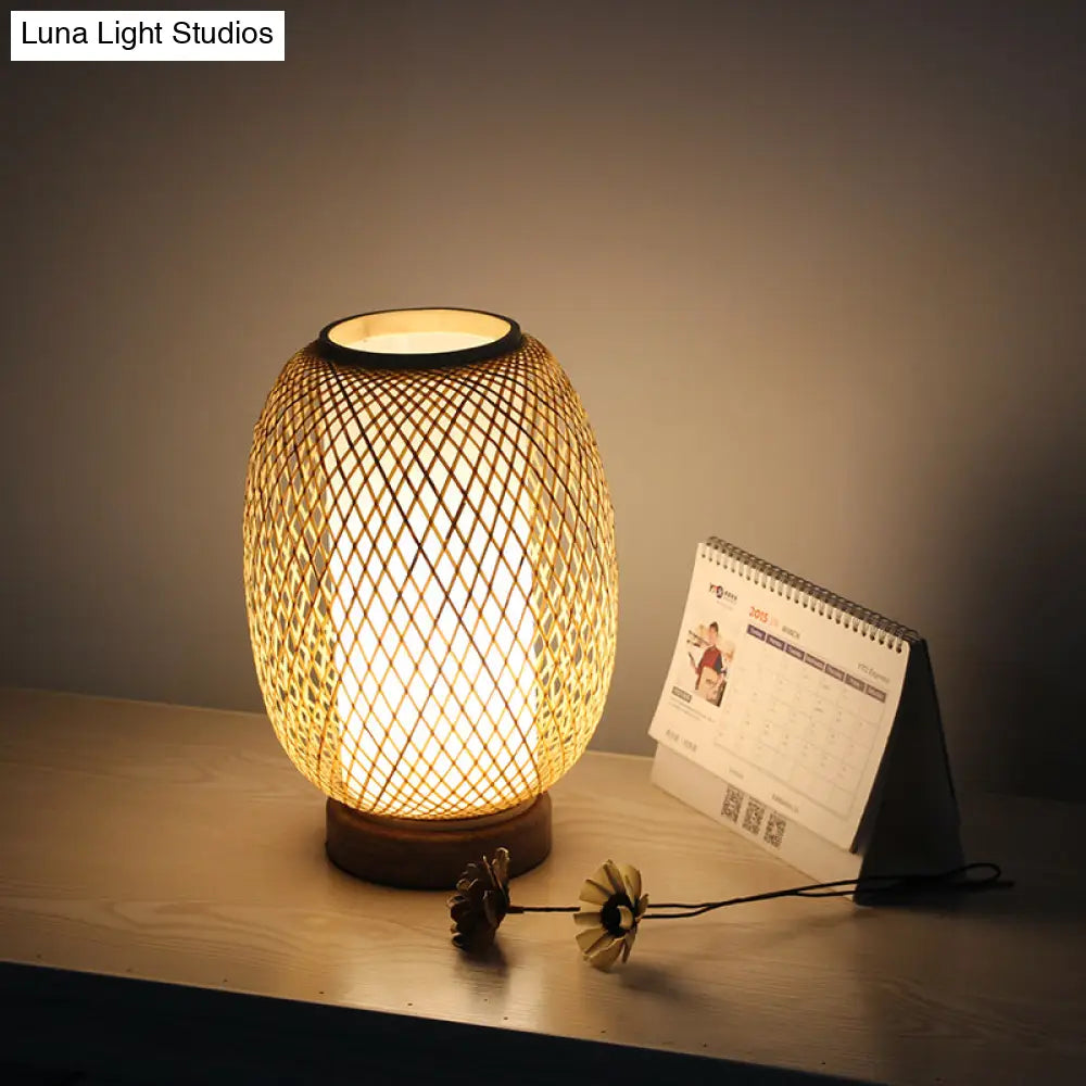 Japanese Bamboo Lantern Desk Lamp - Beige 1-Head Task Light With Circular Wood Base