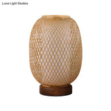 Japanese Bamboo Lantern Desk Lamp - Beige 1-Head Task Light With Circular Wood Base