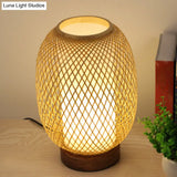 Japanese Bamboo Lantern Desk Lamp - Beige 1-Head Task Light With Circular Wood Base