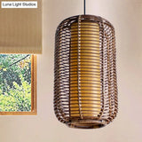 Japanese Bamboo Pendant Light - Cylindrical 1-Head Brown Suspended Lighting Fixture