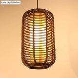 Japanese Bamboo Pendant Light - Cylindrical 1-Head Brown Suspended Lighting Fixture