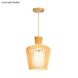 Japanese Beige Ceiling Pendant With Jug Wood Cage - 1-Light Dining Room Pendulum Light