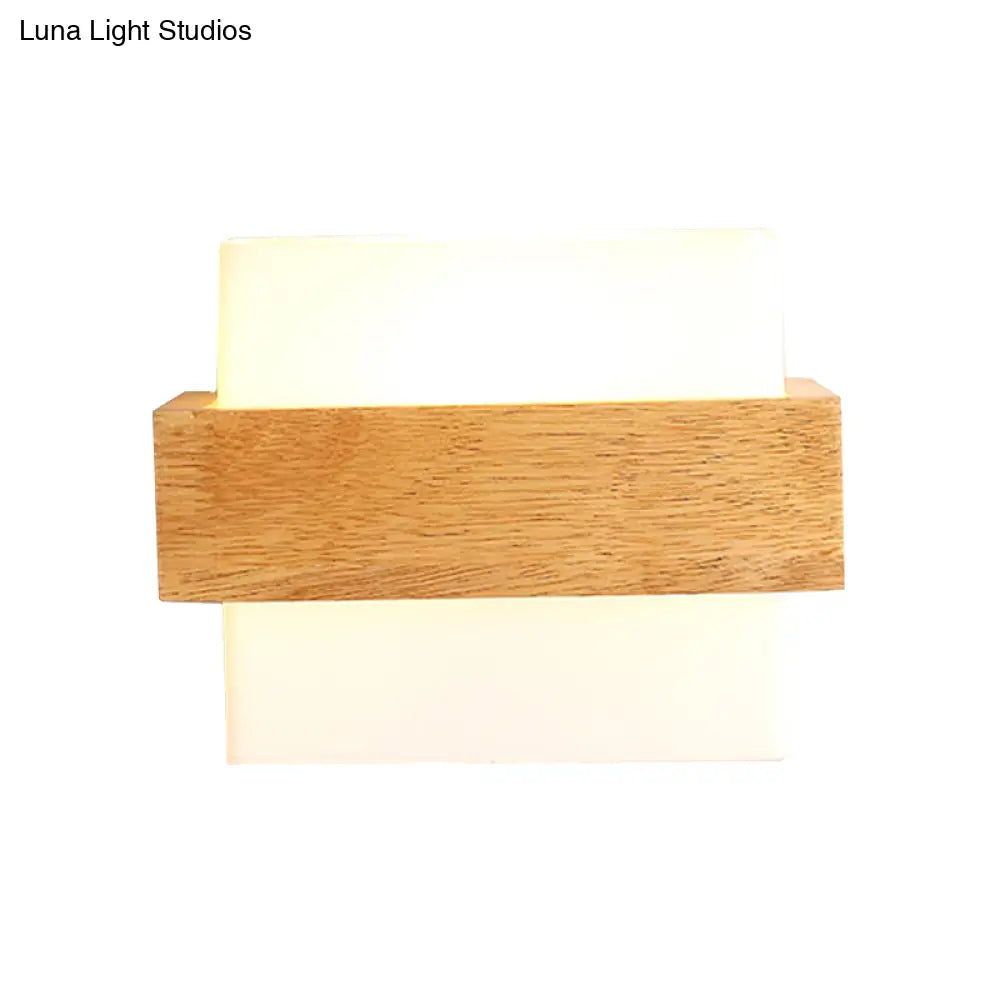 Japanese Cube Shade Sconce Lamp With Wood Deco Milk Glass - Modern Wall Lighting For Study Room