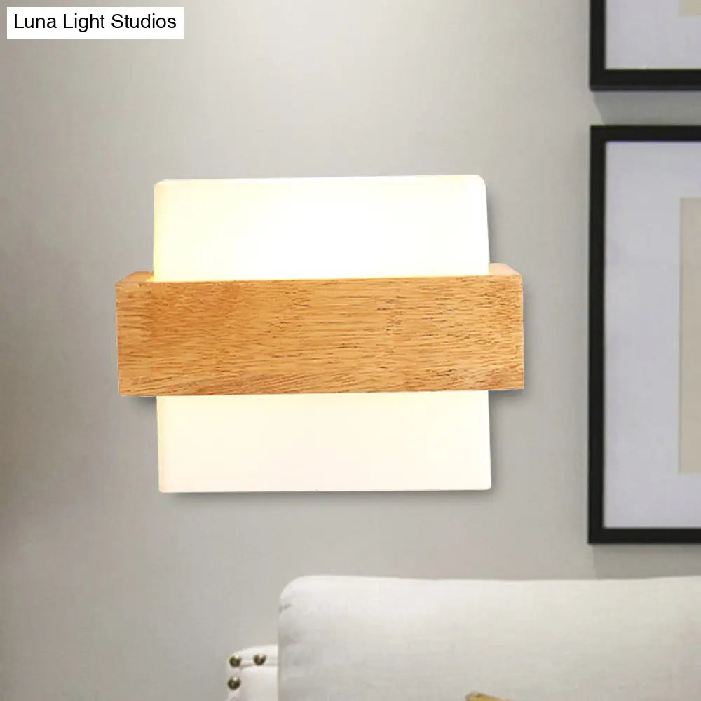 Japanese Cube Shade Sconce Lamp With Wood Deco Milk Glass - Modern Wall Lighting For Study Room