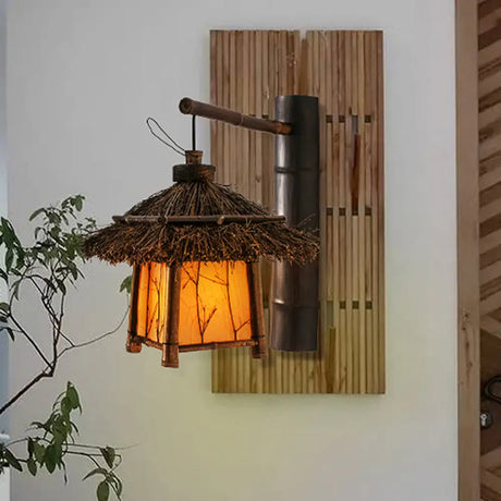 Japanese Hand-Crafted Bamboo Wall Lighting: Brown Tearoom Sconce - 1 Bulb Light Fixture