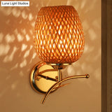 Japanese Handcrafted Bamboo Sconce Light - 1 Bulb Wall Mount In Brown For Stairway