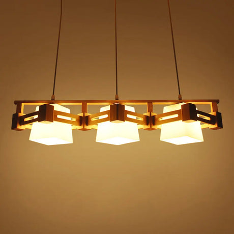 Japanese Hanging Light: Trapezoid Cream Glass 3-Bulb Pendant For Dining Room Or Kitchen Island Wood