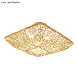 Japanese Rattan Square Flush Ceiling Light With 3 Heads – Wood Bedroom Mount Lighting