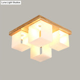 Japanese White Glass Wood Led Flush Ceiling Cube Frame Fixture - 4-Head Mount Lighting
