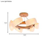 Japanese Wood Curved Chandelier Pendant Light - 6 Lights White Glass Ring Ceiling Lamp