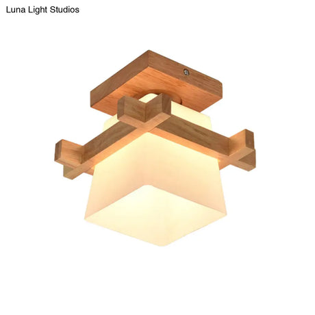 Japanese Wood Square Flush Mount Ceiling Light With White Glass Shade - Ideal For Corridors