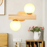 Japanese Wood Tube Wall Lamp- Beige Sconce Light Fixture With Milk Glass Shades (2 Heads)
