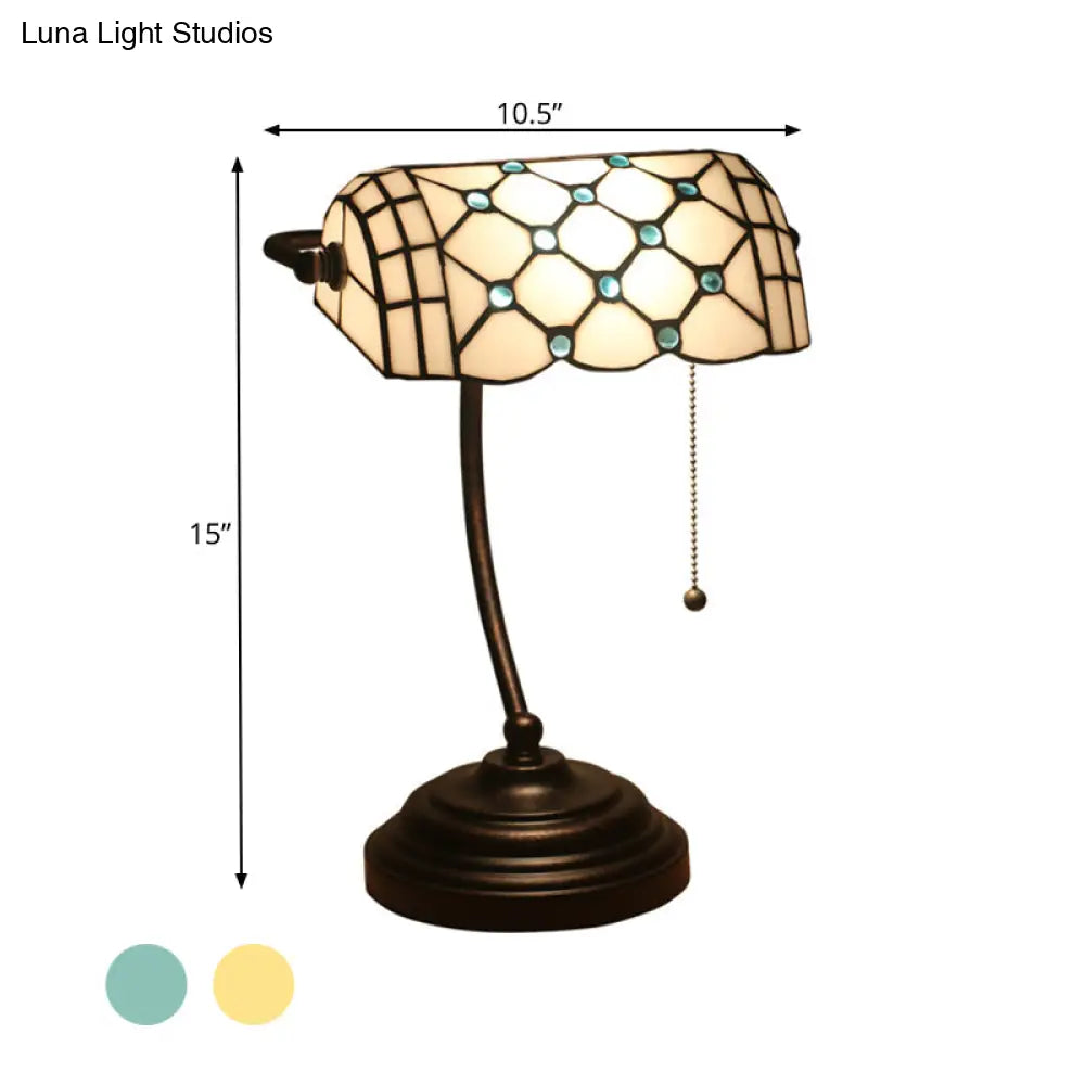 Jeweled Beige Glass Pull Chain Tiffany Style Table Lamp In Blue/Gold With Curved Arm