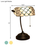 Jeweled Beige Glass Pull Chain Tiffany Style Table Lamp In Blue/Gold With Curved Arm