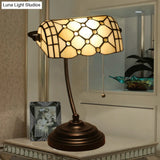Jeweled Beige Glass Pull Chain Tiffany Style Table Lamp In Blue/Gold With Curved Arm