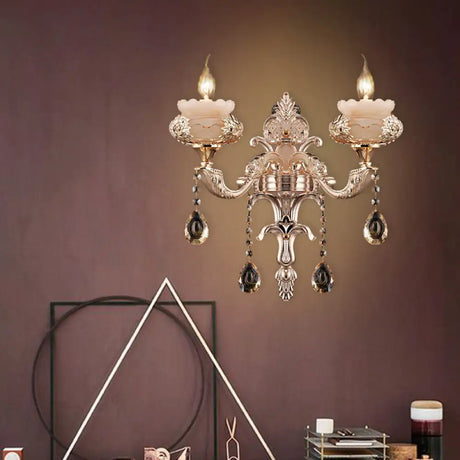 K9 Crystal Sconce Lamp: Traditional Gold Candle Wall Lighting Fixture With Jade Saucer 2 /