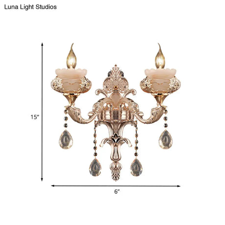 K9 Crystal Sconce Lamp: Traditional Gold Candle Wall Lighting Fixture With Jade Saucer