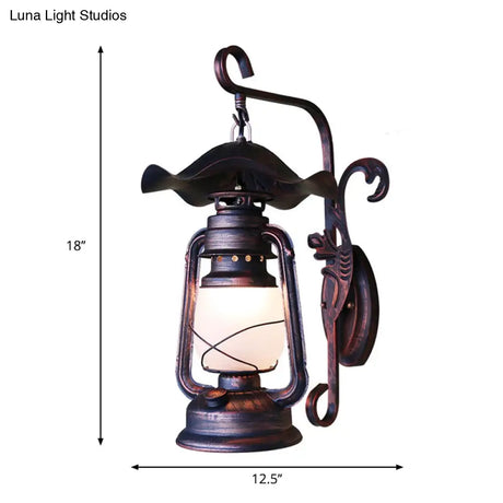 Kerosene Lamp Wall Sconce: Frosted Glass Weathered Copper