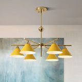 Kid Bedroom 6-Head Macaron Candy Colored Chandelier: Metallic Pyramid Design Hanging Light Yellow