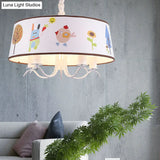 Kid-Friendly White Fabric Drum Chandelier With Cute Animal Pendant Light