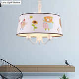 Kid-Friendly White Fabric Drum Chandelier With Cute Animal Pendant Light