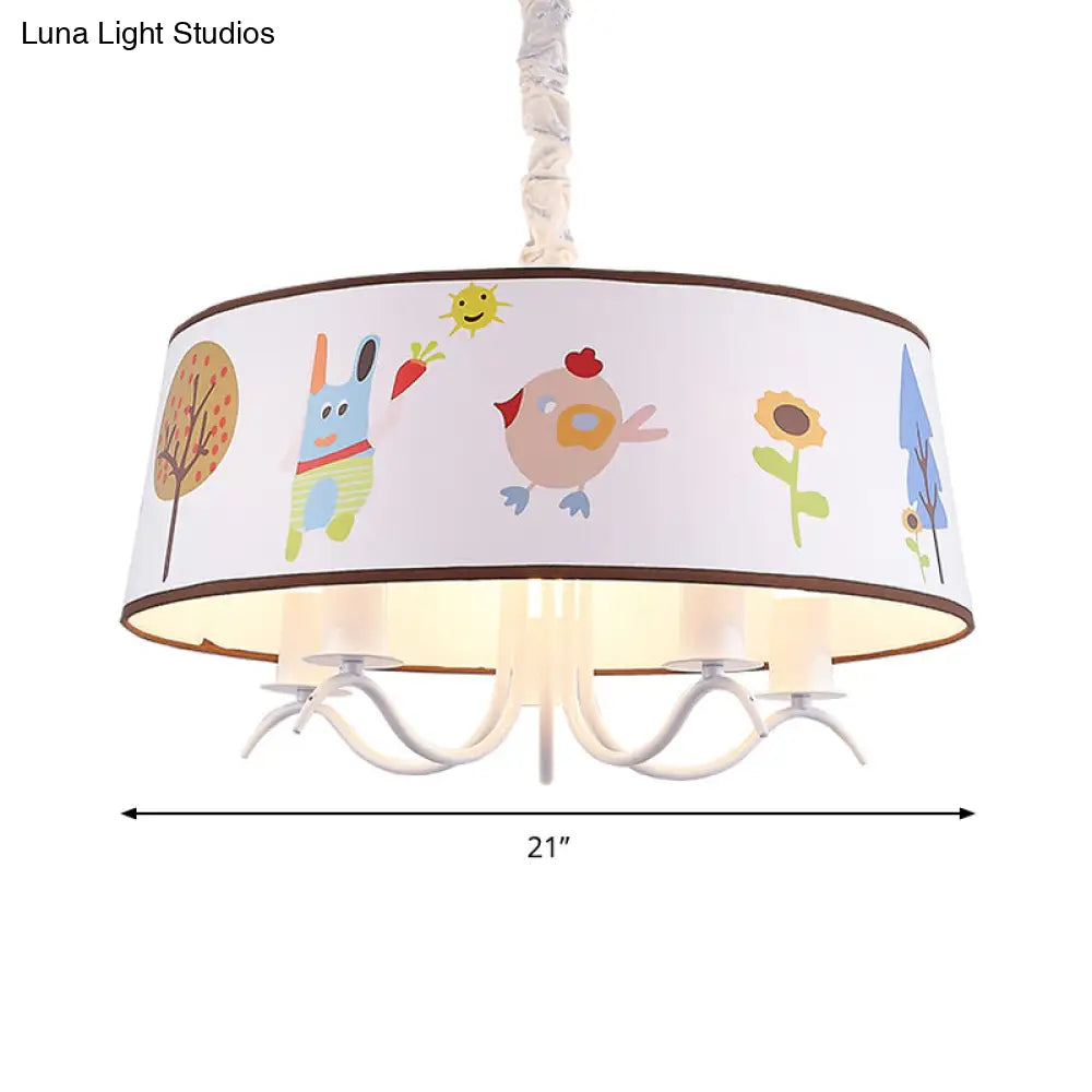 Kid-Friendly White Fabric Drum Chandelier With Cute Animal Pendant Light