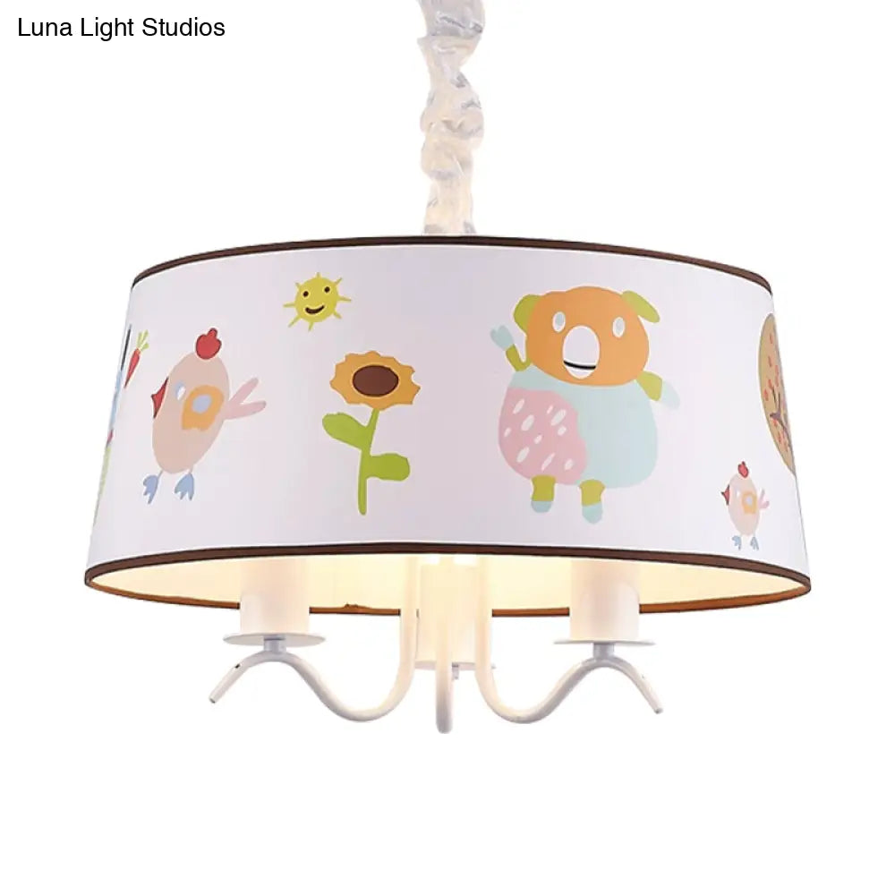 Kid-Friendly White Fabric Drum Chandelier With Cute Animal Pendant Light