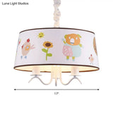 Kid-Friendly White Fabric Drum Chandelier With Cute Animal Pendant Light