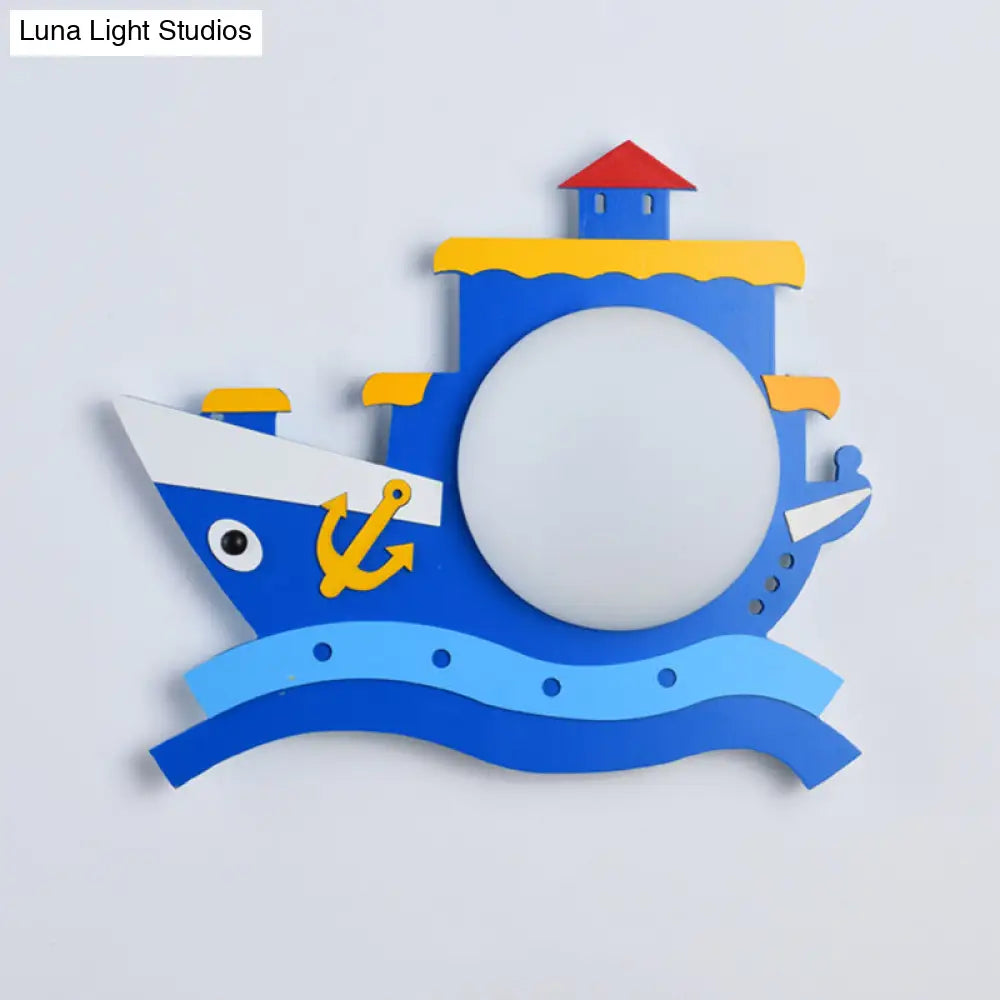Kiddie Cartoon Blue Led Wall Lamp - Round Shade Plastic Light Fixture For Kindergarten