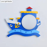 Kiddie Cartoon Blue Led Wall Lamp - Round Shade Plastic Light Fixture For Kindergarten