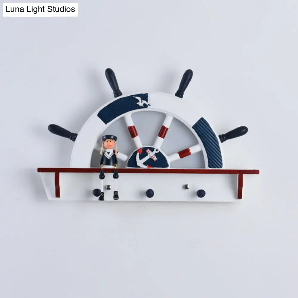 Kiddie Cartoon Blue Led Wall Lamp - Round Shade Plastic Light Fixture For Kindergarten