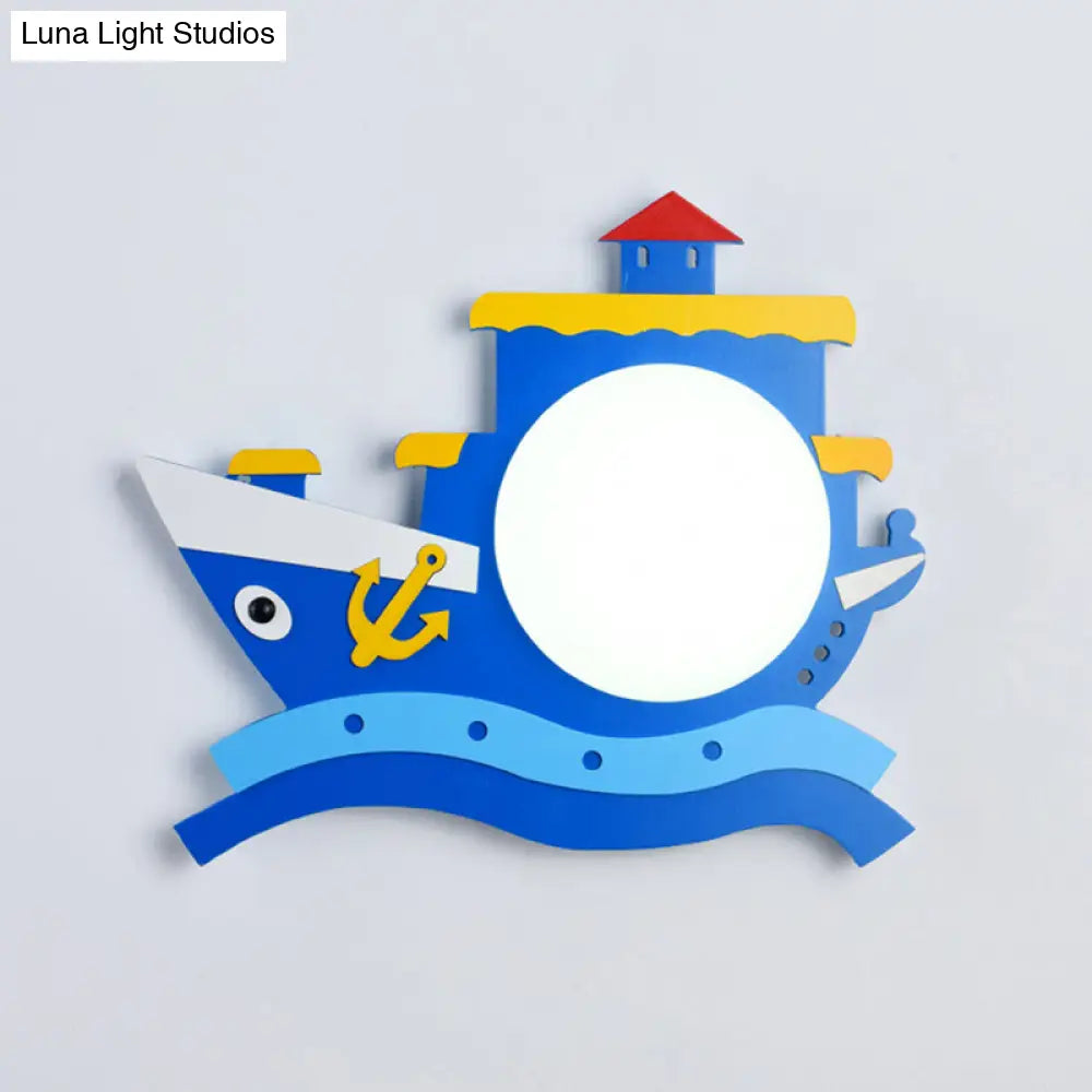 Kiddie Cartoon Blue Led Wall Lamp - Round Shade Plastic Light Fixture For Kindergarten