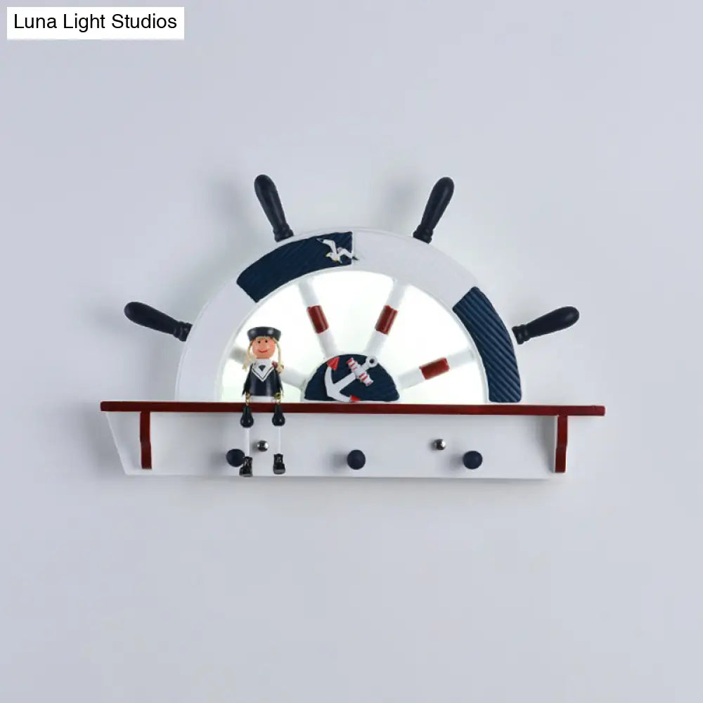 Kiddie Cartoon Blue Led Wall Lamp - Round Shade Plastic Light Fixture For Kindergarten