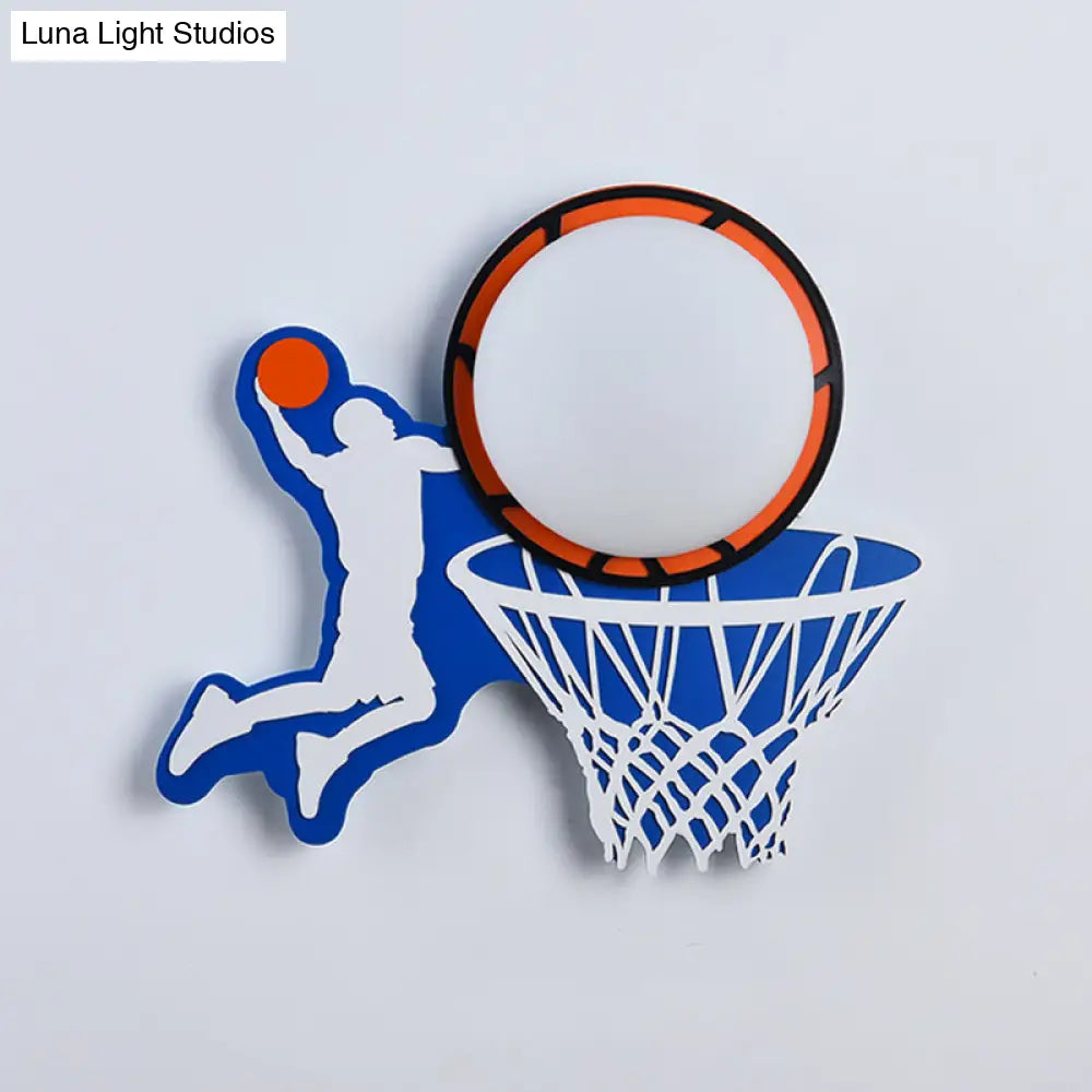 Kiddie Cartoon Blue Led Wall Lamp - Round Shade Plastic Light Fixture For Kindergarten