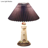 Kids 1-Light Pvc Pleated Shade Table Lamp With Lighthouse Pedestal - Nightstand Ambience!