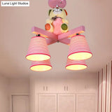 Kids’ 4-Bulb Pink Barrel Semi-Mount Fabric Ceiling Lamp With Bear Decor