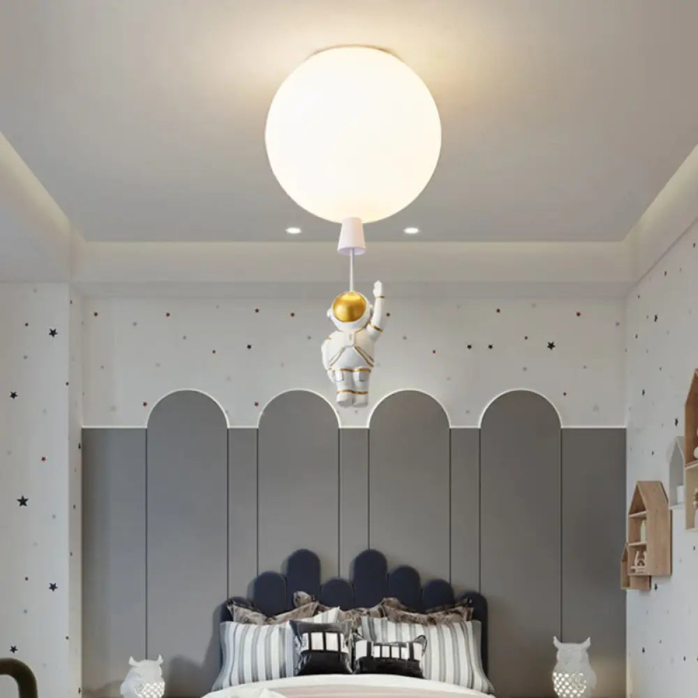 Kids Astronaut And Balloon Ceiling Light – White 1 - Bulb Flush Mount With Acrylic Shade / 8’