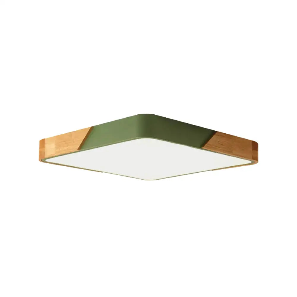 Kids Bedroom Ceiling Light - Nordic Green Square Flush Mount With Wood And Acrylic Shade / 12’ White