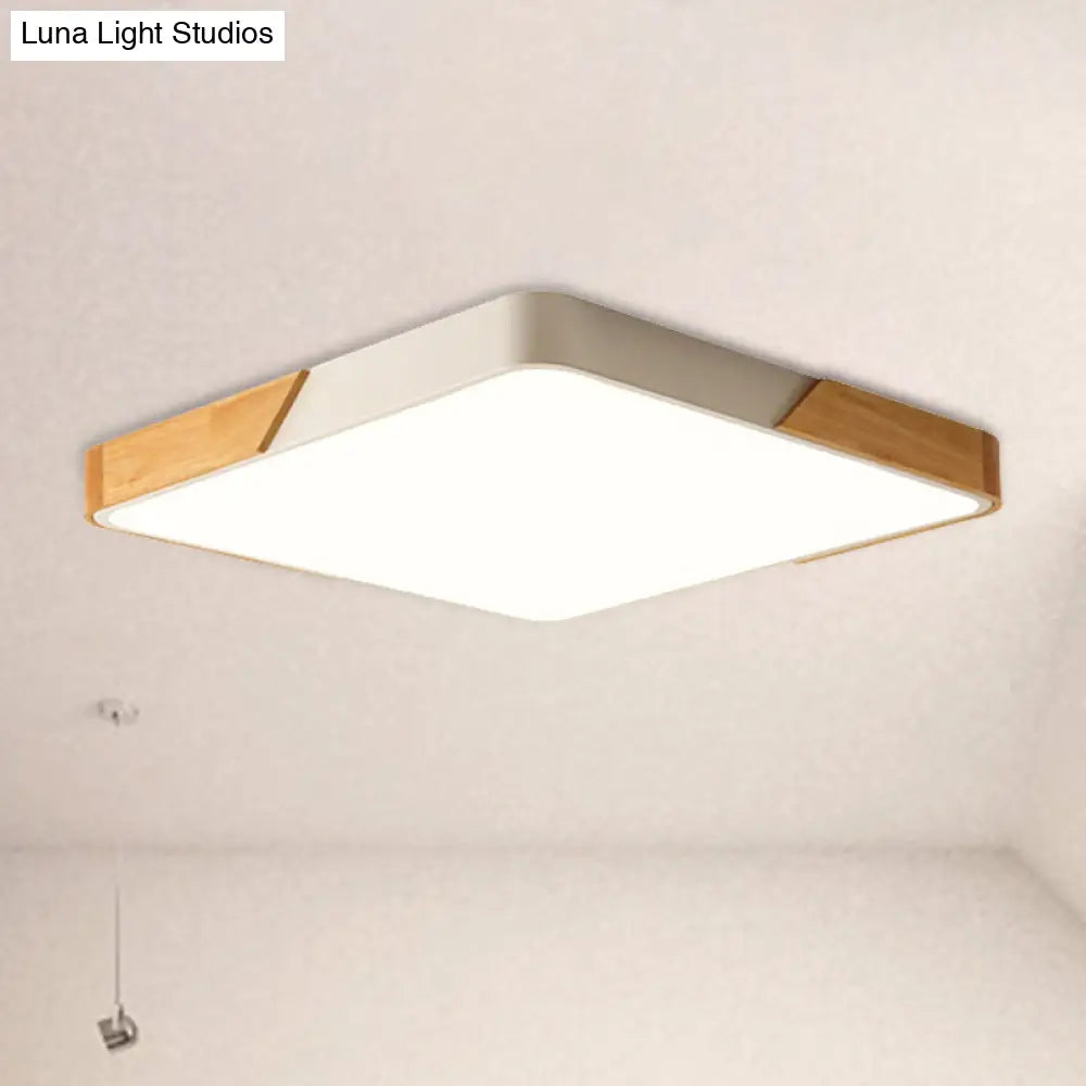 Kids Bedroom Ceiling Light - Nordic Green Square Flush Mount With Wood And Acrylic Shade