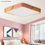 Kids Bedroom Ceiling Light - Nordic Green Square Flush Mount With Wood And Acrylic Shade