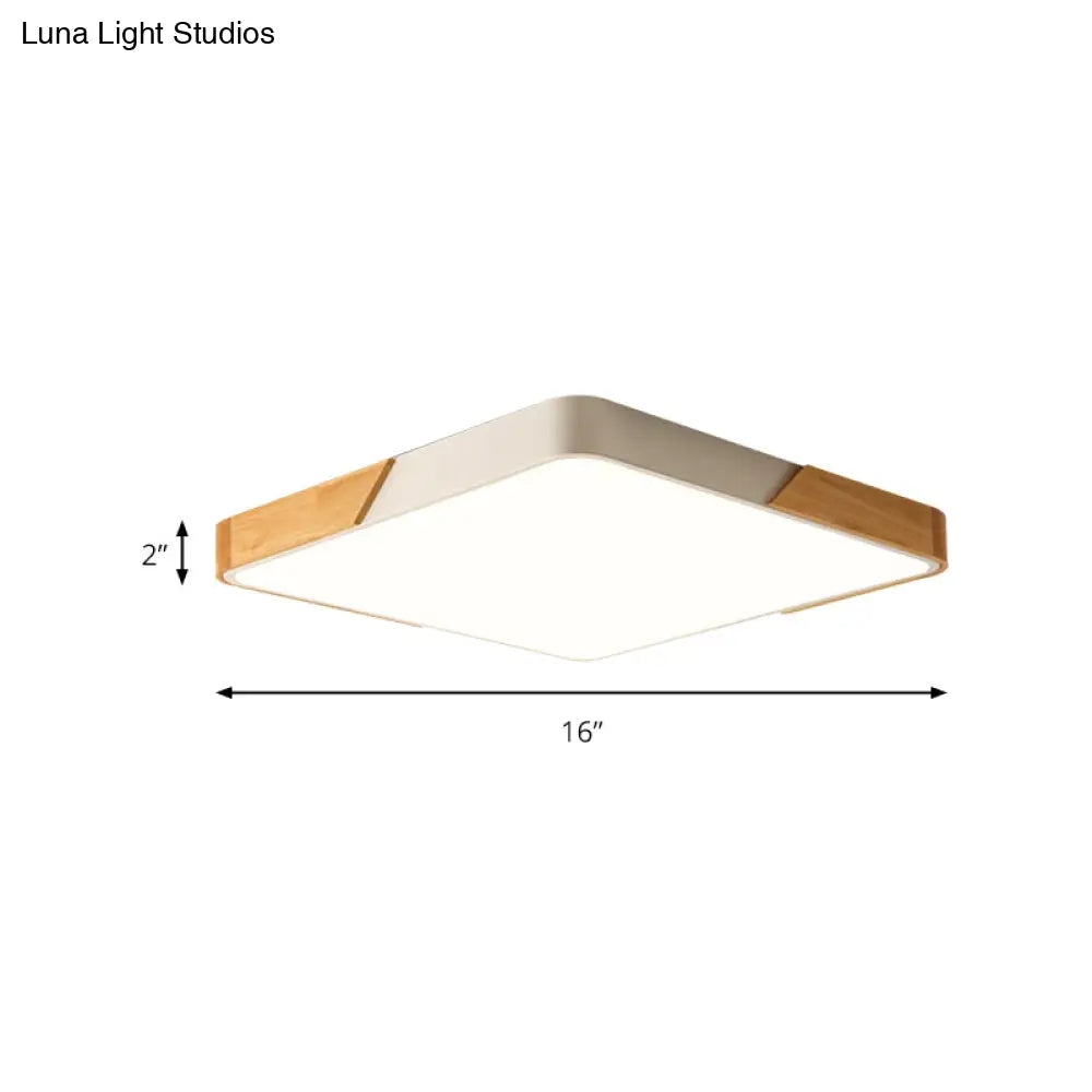 Kids Bedroom Ceiling Light - Nordic Green Square Flush Mount With Wood And Acrylic Shade