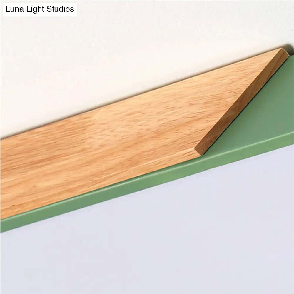 Kids Bedroom Ceiling Light - Nordic Green Square Flush Mount With Wood And Acrylic Shade