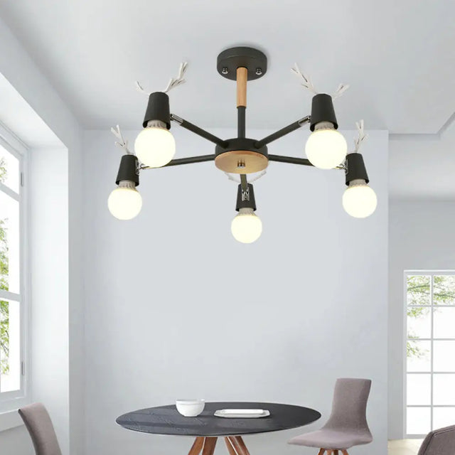 Kids’ Bedroom Semi Flush Ceiling Light With Modern Antler Decoration 5 / Black