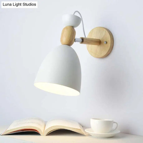 Kids Bedroom Wall Lamp With Swivel Shade - Metal Finish 1-Bulb Macaron Reading Light Wood Deco
