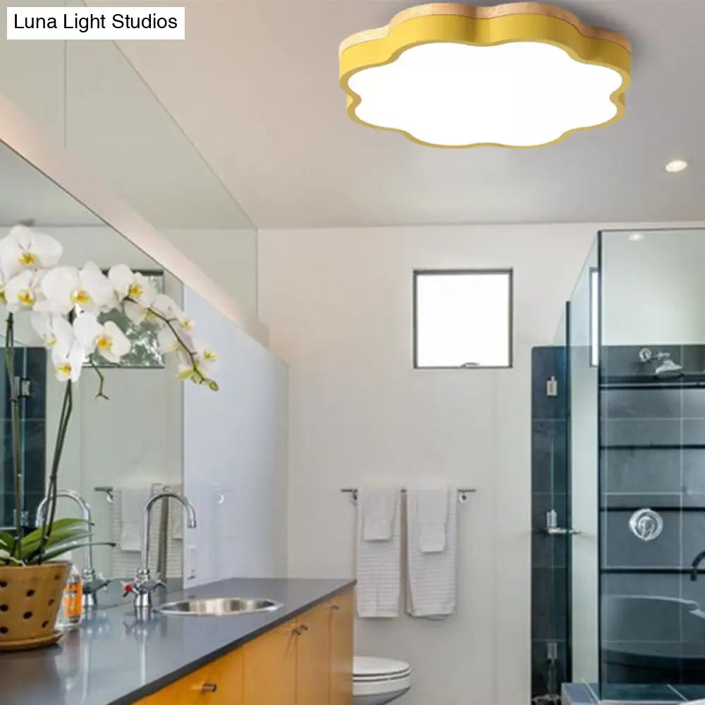 Kids Bedroom Wood Led Flush Mount Ceiling Light With Floral Shade