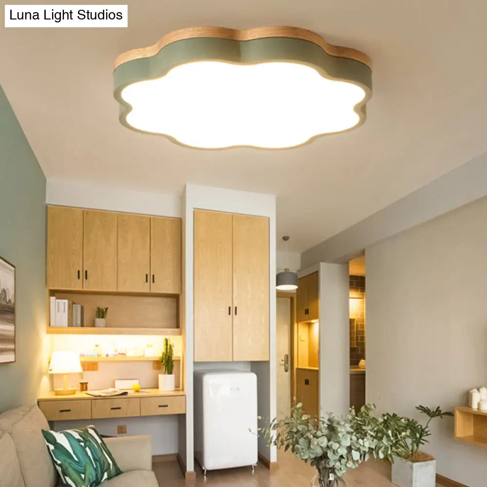 Kids Bedroom Wood Led Flush Mount Ceiling Light With Floral Shade Green / 16 White