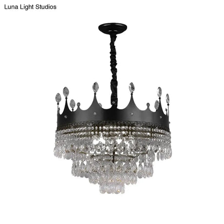 Kids Black Metal Crown Chandelier Lighting With Crystal Drop Decor - 4/5/6 Lights Ideal For Dining