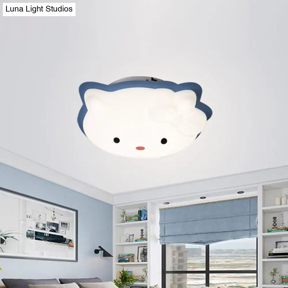 Kids’ Cartoon Cat Led Flush Mount Light Fixture For Pink/Blue Bedroom Décor
