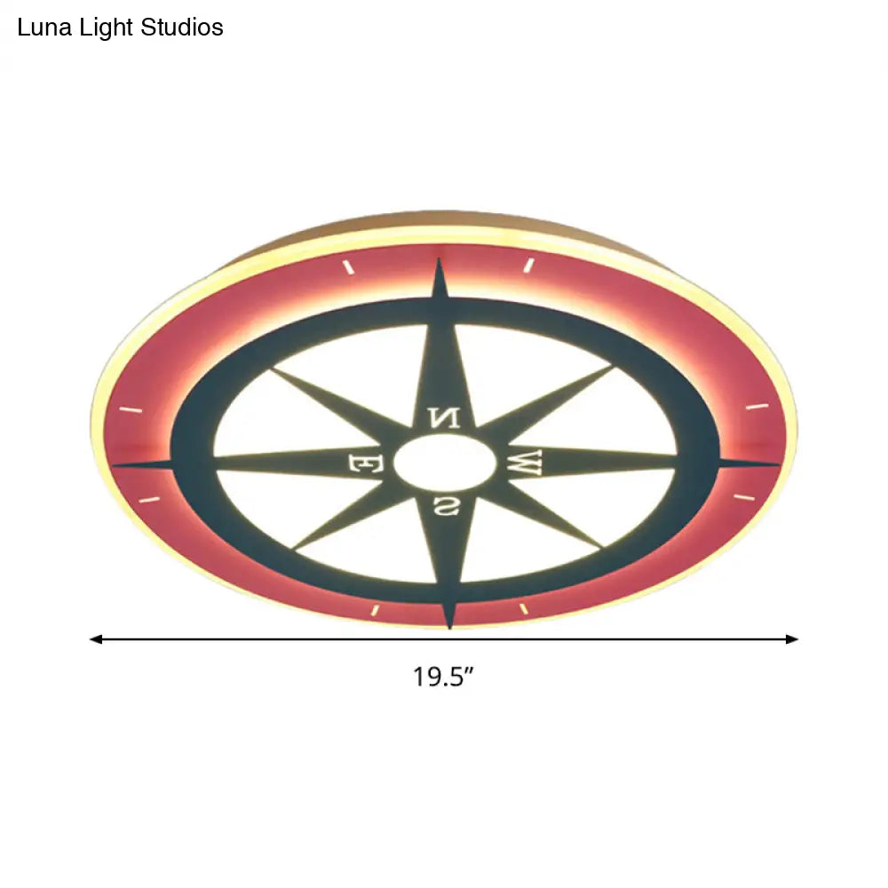 Kids Cartoon Compass Led Flush Mount Light: Red Acrylic Ceiling Lamp For Nurseries