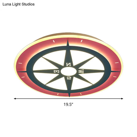 Kids Cartoon Compass Led Flush Mount Light: Red Acrylic Ceiling Lamp For Nurseries